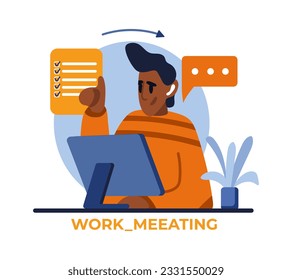 American male working on computer and talking. Live and online working communication concept. Exchange of information via mail, messenger. Flat vector illustration in cartoon style