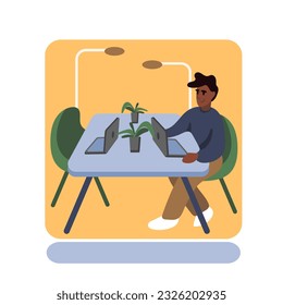 American male working on laptop in modern open space. Concept of and digital technologies. Modern coworking space. Vector flat illustration in blue and yellow colors