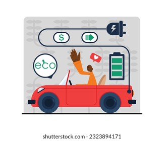 American man going by car to electric charge station. Reducing world energy consumption. Contemporary vehicle rental services. Flat vector illustration in red and gray colors