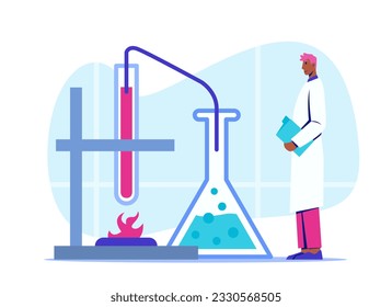 American man holding documents and checking process of test. Scientist conducting research with test tubes. Production of substances in laboratory. Flat vector illustration in blue colors