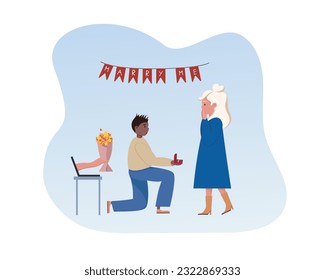 American man holding wedding ring box, standing near beautiful woman, proposal, going to give her ring. Shopping using website concept. Vector flat illustration in blue colors