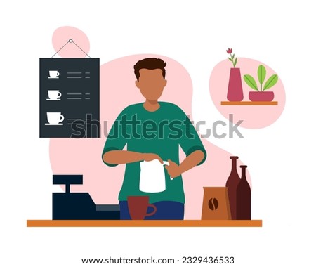 American man preparing coffee, working as barista. Experienced coffee shop workers serving clients. Process of making cappuccino at coffee shop. Small business owner. Vector flat illustration