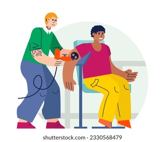 American man sitting in salon, master making tattoo on his hand. Tattoo artists work process. Professional specialists with tools painting on body of client in salon. Flat vector illustration