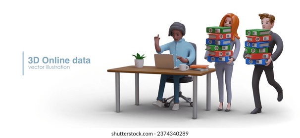 American man sitting at table and working on laptop. Lady and man standing near and holding stacks of folders. 3d online data concept. Vector illustration in 3d style