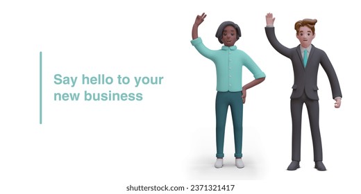 American man standing near colleague in business suit and rising up hand. Say hello to your new business concept. Colorful vector illustration in 3d style