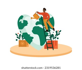 American man standing on the stairs near globe and watering from watering can. Active diverse volunteer doing social charity activities to protect Earth. Saving planet together. Vector flat design
