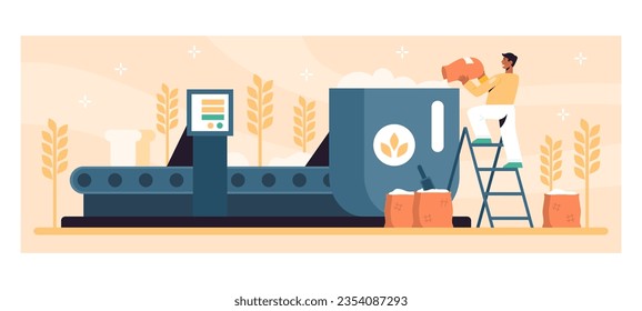 American man standing on stairs near big machine, holding bag with flour in pour it in container. Baking fresh and quality bread in bakery on special equipment. Vector Illustration in cartoon style