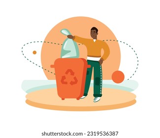 American man throws bag of garbage into recycling bin. Sorting garbage concept. Work in volunteering organization. Social active youth. Vector flat illustration in green and orange colors