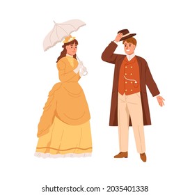 American man and woman of 19th century. Noble people in vintage clothes. Gentleman with hat off greeting lady in petticoat dress with umbrella. Flat vector illustration isolated on white background