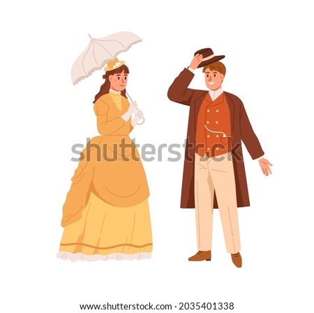 American man and woman of 19th century. Noble people in vintage clothes. Gentleman with hat off greeting lady in petticoat dress with umbrella. Flat vector illustration isolated on white background