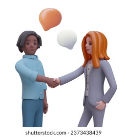 Amerikanischer Mann und Frau, die sich gegenseitig grüßen, Hände schütteln und reden. Online- und Offline-Kommunikationskonzept. 3D-Cartoon-Figuren, die zusammenarbeiten. Vektorgrafik