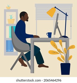 American  man works at a computer. Internet technology. Equipped workplace, freelancer. Bright background. Vector illustration. 
