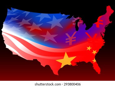 American map with chinese and USA flag.