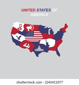 American map with colors, map, statue of liberty, white house, Abraham and time square vector illustration