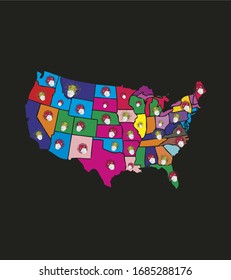 Mapa americano y diseño gráfico del virus de la corona arte vectorial