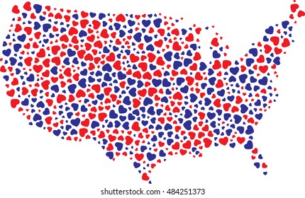 american map fill with american flag color hearts