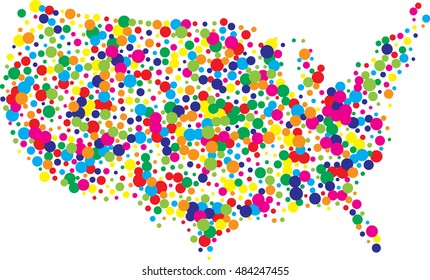 Amerikanische Landkarte gefüllt mit amerikanischen mehrfarbigen Punkten
