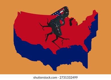 American map flag is torn by gun, symbol of division, Gun violence, shooting, civil crisis in the USA. Danger Gun Problem, political crisis, collapse, chaos of elections, division in country