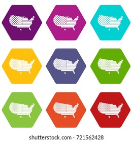 American map icon set many color hexahedron isolated on white vector illustration