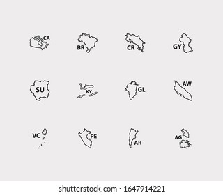 American map icons set. Brazil and american map icons with antigua, costa rica and argentina. Set of world for web app logo UI design.