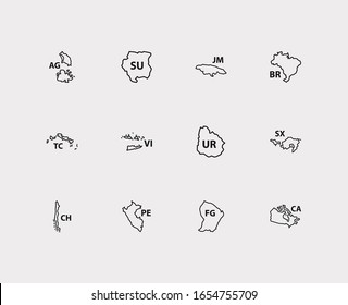 American map icons set. Brazil and american map icons with french guinea, canada and antigua. Set of saint for web app logo UI design.