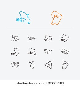 Iconos de mapas estadounidenses establecidos. Iconos de mapas de Canadá y Estados Unidos con roseau, brasil y saint lucia. Conjunto de marcos para el diseño de la interfaz de usuario del logotipo de la aplicación web.