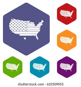 American map icons set hexagon isolated vector illustration