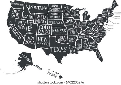 American Map With States Names/
Illustration of a vintage textured american map background, with names of fifty states