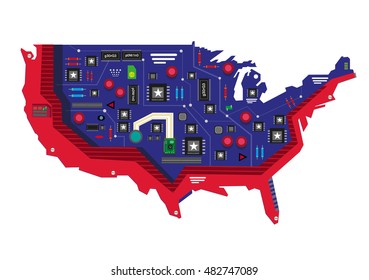 American Map as a technological device with computer parts. Editable Clip art. 