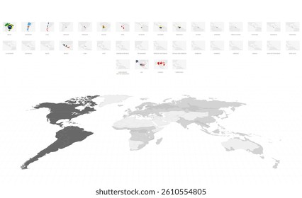 American Maps in Gray with National Flags. Gray World Map Featuring America.