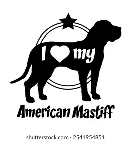 American Mastiff Hund Silhouette, ich liebe meinen Hund, Hund, Hunderassen, Logo, Vektor, Silhouette, Tier, Illustration, Symbol, Zeichen, schwarz, Haustier,