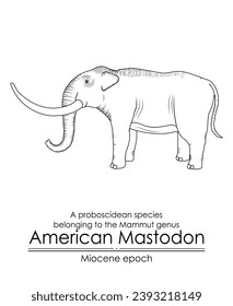 American Mastodon, a proboscidean species belonging to the Mammut genus from Miocene epoch. Black and white line art, perfect for coloring and educational purposes.