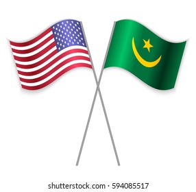 American and Mauritanian crossed flags. United States of America combined with Mauritania isolated on white. Language learning, international business or travel concept.