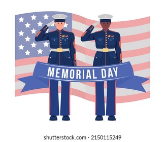American Memorial day 2D vector isolated illustration. Soldiers and flag flat characters on cartoon background. Honor colourful scene for mobile, website, presentation. Bebas Neue font used font used