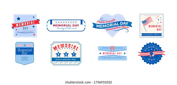 American Memorial Day flat color vector badges set. National US holiday sticker. United States celebration day patch. Annual ceremony for freedom isolated design elements collection