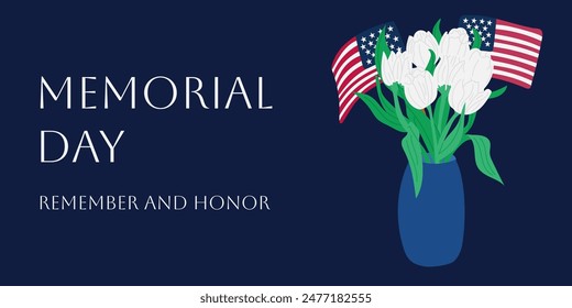 American Memorial day poster, banner, flyer, background or greetings with bunch of white tulips in vase and US flag on dark background. Vector hand drawn USA holiday typographic composition