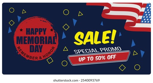 American Memorial Day sale offer. American flag with stars and stripes. Independence Day sale concept. Flat vector illustration.