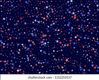 American Memorial Day stars background. Holiday confetti in US flag colors for Patriot Day.  Cool red blue white stars on dark American patriotic vector. 4th of July stardust scatter.