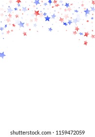 American Memorial Day stars background. Holiday confetti in USA flag colors for Presidents Day. Cool red blue white stars on white American patriotic vector. July 4th stardust confetti.