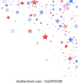 American Memorial Day stars background. Confetti in USA flag colors for Independence Day. Cool red blue white stars on white American patriotic vector. July 4th stardust elements.
