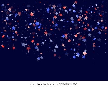 American Memorial Day stars background. Holiday confetti in USA flag colors for Patriot Day.  Simple red blue white stars on dark American patriotic vector. July 4th holiday stardust.