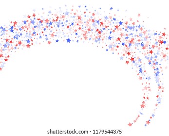 American Memorial Day stars background. Confetti in US flag colors for Independence Day. Navy red blue white stars on white American patriotic vector. 4th of July stardust scatter.