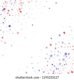 American Memorial Day stars background. Confetti in US flag colors for Independence Day. Solemn red blue white stars on white American patriotic vector. July 4th stardust confetti.