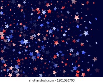 American Memorial Day stars background. Confetti in US flag colors for Independence Day.  Banner red blue white stars on dark American patriotic vector. July 4th holiday stardust.