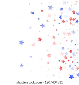 American Memorial Day stars background. Holiday confetti in USA flag colors for Patriot Day. Stylish red blue white stars on white American patriotic vector. 4th of July stardust confetti.