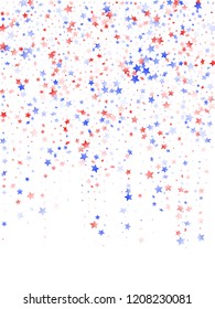 American Memorial Day stars background. Holiday confetti in USA flag colors for Presidents Day.  Navy red blue white stars on white American patriotic vector. July 4th stardust elements.