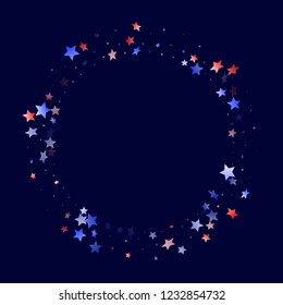 American Memorial Day stars background. Holiday confetti in USA flag colors for Presidents Day. Minimal red blue white stars on dark American patriotic vector. July 4th stardust elements.