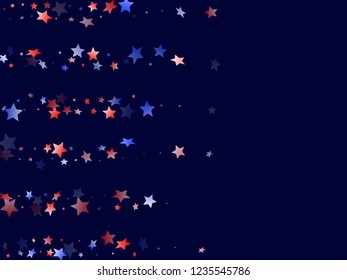 American Memorial Day stars background. Holiday confetti in USA flag colors for Presidents Day.  Bright red blue white stars on dark American patriotic vector. 4th of July stardust confetti.