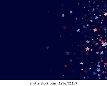 American Memorial Day stars background. Holiday confetti in US flag colors for President Day. Simple red blue white stars on dark American patriotic vector. Fourth of July stardust scatter.