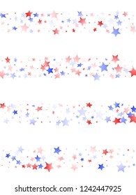 American Memorial Day stars background. Holiday confetti in USA flag colors for Patriot Day.  Cool red blue white stars on white American patriotic vector. 4th of July stardust confetti.